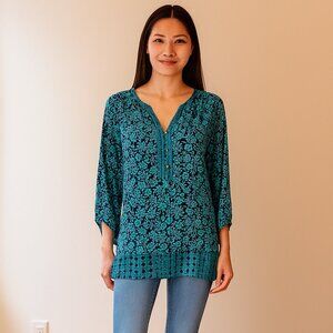Banana Republic Women M Geometric Gold Button Blue Balloon Sleeve Popover Top